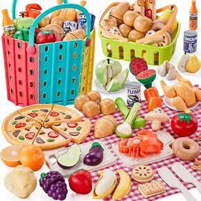 LAUGIGLE 86Pc Wheat Straw Play Food for Kids Kitchen-Toy Food with 2 Baskets & Picnic Blanket, Realistic Cutting Pizza, Grocery Cans, Pretend Play Kitchen Accessories & Toddler Toys for Boys Girls 3+ in Saudi Arabia