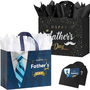 YANGTE 2 Pack 13" Large Father's Day Gift Bags with Tissue Paper and Cards, Reusable Non-Woven Fathers Day Bags with Handle for Best Men, Funny Dad Gift Wrap Bags for Presents, Party Favors Supplies in Kuwait