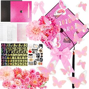 ZeffuLyne Pink Graduation Cap Decorations - 56 Pcs DIY Graduation Cap Topper with Flowers, 3D Butterflies, Letter Stickers, Rhinestones, Glitter Paper, Glue & Tools for Grad Hat Decor in Saudi Arabia