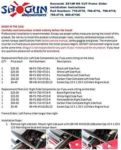 Shogun USA Made Kaw ZX14R 2012 2013 2014 2015 2016 2017 2018 2019 2020 2021 2022 2023 2024 2025 مجموعة منزلق بإطار أسود بدون قطع تتضمن بدون قطع إطار منزلقات وبكرات ذراع متأرجحة وأطراف شريط 755-4719 in Kuwait