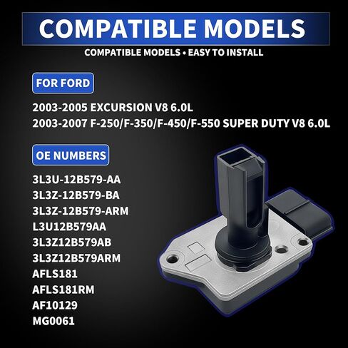 مقياس مستشعر تدفق الهواء الشامل متوافق مع Ford F250 F350 F450 F550 Super Duty 2003-2007، Excursion 2003-2005 V8 6.0L، مستشعر Maf يستبدل # 3L3Z-12B579-AB، 3L3Z-12B579-ARM، AP63494، AFLS181RM، 917966 in Kuwait