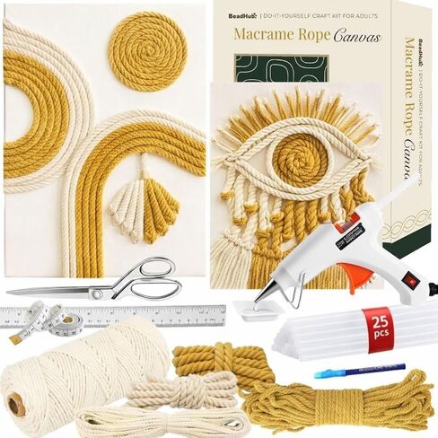 Macrame Kit for Beginners - DIY Rope Canvas Wall Art Kit with Ropes Supplies & Tools | DIY Macrame Art Wall Hanging Decor Starter Set, Craft Kits for Adults, Boho Aesthetic Home Decoration (Black) in Saudi Arabia