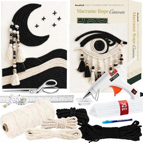 Macrame Kit for Beginners - DIY Rope Canvas Wall Art Kit with Ropes Supplies & Tools | DIY Macrame Art Wall Hanging Decor Starter Set, Craft Kits for Adults, Boho Aesthetic Home Decoration (Black) in Saudi Arabia