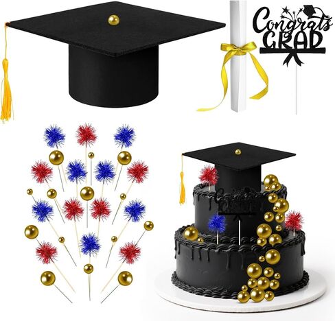 32PCS Graduation Cake Decorations Kit for Class of 2026 Felt Tassel Cap, Firework Cupcake Toppers, Diploma, Balls, Blue Theme Graduation Party Supplies for Grads(Blue) in Kuwait