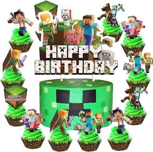25Pcs For Pixel Cake Decorations with 24pcs Cupcake Toppers, 1pcs Happy Birthday Cake Topper, Cartoon Themed Party Supplies, Perfect for Birthday Party Decorations in Saudi Arabia