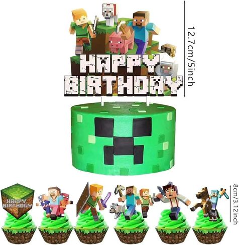 25Pcs For Pixel Cake Decorations with 24pcs Cupcake Toppers, 1pcs Happy Birthday Cake Topper, Cartoon Themed Party Supplies, Perfect for Birthday Party Decorations in Saudi Arabia