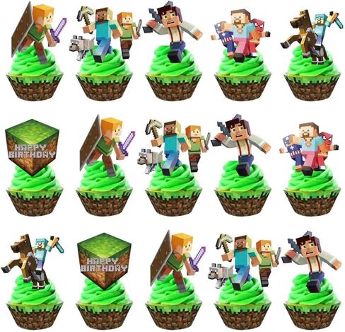25Pcs For Pixel Cake Decorations with 24pcs Cupcake Toppers, 1pcs Happy Birthday Cake Topper, Cartoon Themed Party Supplies, Perfect for Birthday Party Decorations in Saudi Arabia
