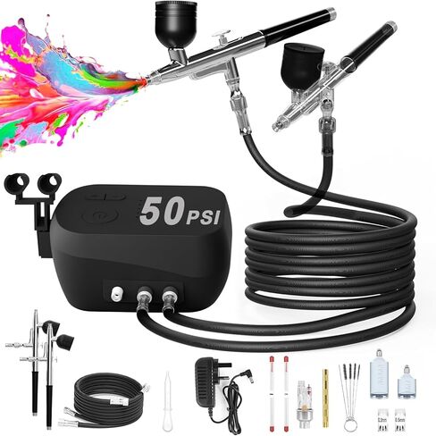 Airbrush Kit, 50 PSI Air brush Gun & Air Compressor with Dual-Airflow, 2 Airbrushes with 0.2/0.3/0.5mm Nozzle/Cleaning Sets, Ideal for Modeling, Painting, Nails, Makeup & Cake Decorating in Saudi Arabia