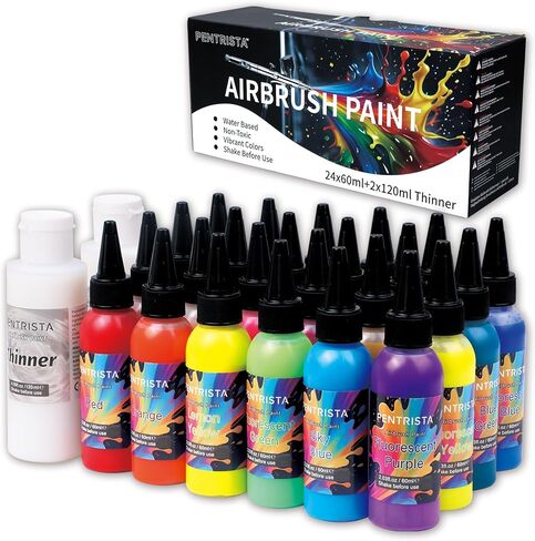 PENTRISTA 24 Colors Airbrush Paint Set (60ml/2.03 oz) with 2 Thinner,Large Bulk Air Brush Paints,Non-Toxic & Quick-Drying Formula Acrylic Airbrush Paint for Nails,Model,Metal,Plastic,Wood, Canvas in Saudi Arabia