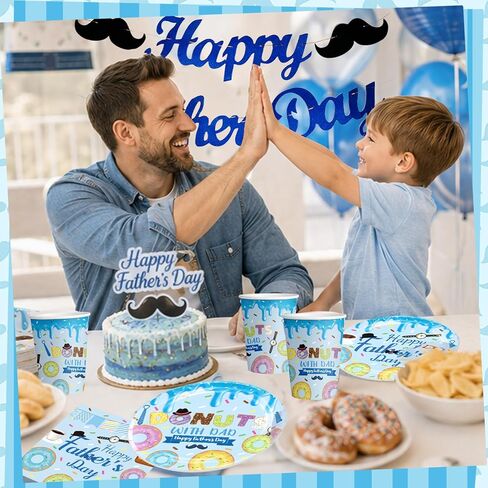 دونات عيد الأب مع ديكورات حفلات الأب، أدوات مائدة للطهي للاستخدام مرة واحدة، تتضمن أطباق العشاء والحلوى، والمناديل، وأكواب لمستلزمات حفلات الأب السعيد (تخدم 24 شخصًا) in Kuwait