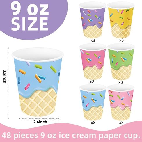 Ice Cream Cups 48-Pack 9-oz Ice Cream Party Supplies Set for Kids & Girls Birthday Paper Cups for Ice Cream Birthday Party Baby Shower Decorations in Saudi Arabia