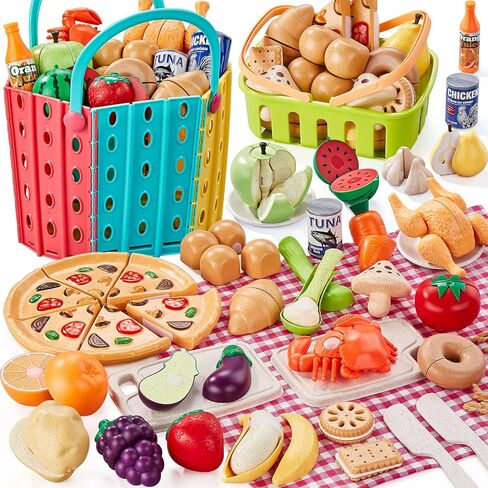 LAUGIGLE 86Pc Wheat Straw Play Food for Kids Kitchen-Toy Food with 2 Baskets & Picnic Blanket, Realistic Cutting Pizza, Grocery Cans, Pretend Play Kitchen Accessories & Toddler Toys for Boys Girls 3+ in Saudi Arabia