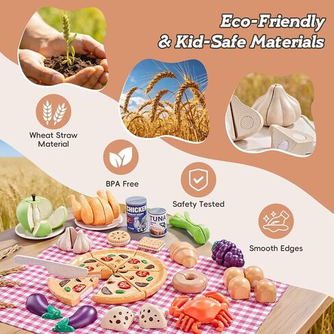 LAUGIGLE 86Pc Wheat Straw Play Food for Kids Kitchen-Toy Food with 2 Baskets & Picnic Blanket, Realistic Cutting Pizza, Grocery Cans, Pretend Play Kitchen Accessories & Toddler Toys for Boys Girls 3+ in Saudi Arabia
