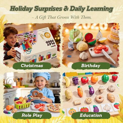 LAUGIGLE 86Pc Wheat Straw Play Food for Kids Kitchen-Toy Food with 2 Baskets & Picnic Blanket, Realistic Cutting Pizza, Grocery Cans, Pretend Play Kitchen Accessories & Toddler Toys for Boys Girls 3+ in Saudi Arabia
