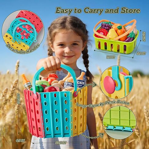 LAUGIGLE 86Pc Wheat Straw Play Food for Kids Kitchen-Toy Food with 2 Baskets & Picnic Blanket, Realistic Cutting Pizza, Grocery Cans, Pretend Play Kitchen Accessories & Toddler Toys for Boys Girls 3+ in Saudi Arabia