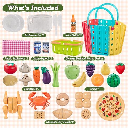 LAUGIGLE 86Pc Wheat Straw Play Food for Kids Kitchen-Toy Food with 2 Baskets & Picnic Blanket, Realistic Cutting Pizza, Grocery Cans, Pretend Play Kitchen Accessories & Toddler Toys for Boys Girls 3+ in Saudi Arabia