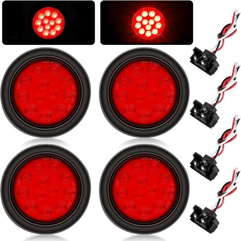 10 قطع 4 بوصات مصابيح LED حمراء مستديرة للمقطورة، مصابيح خلفية للمقطورة، 4 بوصات 12 فولت مقاومة للماء للتوقف عن الانعطاف، أضواء خلفية LED محكمة الغلق للشاحنات RV الحلقات المطاطية ومقابس الأسلاك ذات 3 شوكات متضمنة in Kuwait