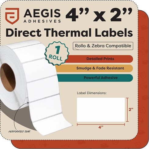 Aegis Adhesives - 4" X 6" Direct Thermal Labels with 3" Core (4000 Count, 4 Rolls) - Shipping Labels and Barcode Stickers for Warehouse Fulfillment - Compatible with Industrial Thermal Printers in Kuwait