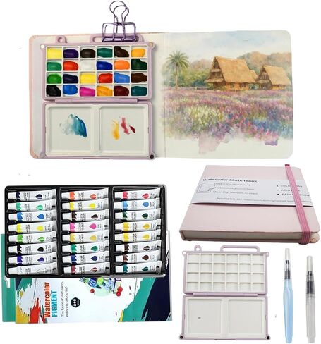 Mini Painting Palette Travel Set - Portable Watercolor Palette Set, Pocket Artist Watercolor Travel Set with 24 Watercolor Paints, Brush, Sketchbook Suitable for Painters, Artists, and Students in Saudi Arabia