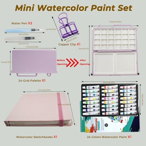 Mini Painting Palette Travel Set - Portable Watercolor Palette Set, Pocket Artist Watercolor Travel Set with 24 Watercolor Paints, Brush, Sketchbook Suitable for Painters, Artists, and Students in Saudi Arabia