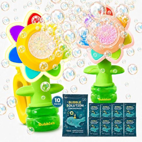 2 Pack Rechargeable Flower Bubble Guns for Kids W/LED Lights & 10 Refill Solutions, Fun Swing Dance Bubble Maker Machine Blower Blaster Toys,Outdoor Summer Play, Easter, Birthday Party Favors & Gifts in Saudi Arabia