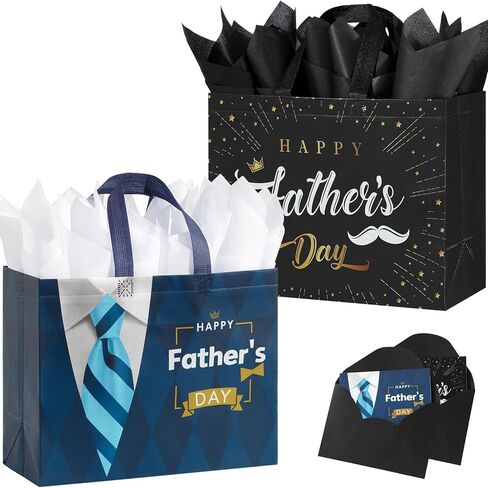 YANGTE 2 Pack 13" Large Father's Day Gift Bags with Tissue Paper and Cards, Reusable Non-Woven Fathers Day Bags with Handle for Best Men, Funny Dad Gift Wrap Bags for Presents, Party Favors Supplies in Kuwait