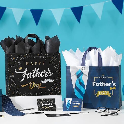 YANGTE 2 Pack 13" Large Father's Day Gift Bags with Tissue Paper and Cards, Reusable Non-Woven Fathers Day Bags with Handle for Best Men, Funny Dad Gift Wrap Bags for Presents, Party Favors Supplies in Kuwait