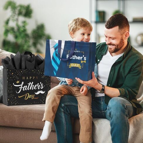 YANGTE 2 Pack 13" Large Father's Day Gift Bags with Tissue Paper and Cards, Reusable Non-Woven Fathers Day Bags with Handle for Best Men, Funny Dad Gift Wrap Bags for Presents, Party Favors Supplies in Kuwait