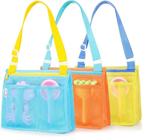 Tagitary Kids Beach Mesh Bag Set of 3, Shell Collecting Toy Bag with Adjustable Strap,2 Front Pockets, Zipper Closure for Beach Vacation, Quick Dry Sand Toys Storage for Boys Girls Toddlers in Saudi Arabia