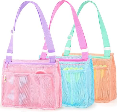 Tagitary Kids Beach Mesh Bag Set of 3, Shell Collecting Toy Bag with Adjustable Strap,2 Front Pockets, Zipper Closure for Beach Vacation, Quick Dry Sand Toys Storage for Boys Girls Toddlers in Saudi Arabia
