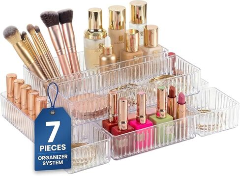 Li&Zhao 7PCS Stackable Bathroom Drawer Organizer-Clear Acrylic Drawer Organizer and Makeup Drawer Organizer with 4 Sizes 7 Grids for Vanity, Kitchen, Office Supplies in Kuwait