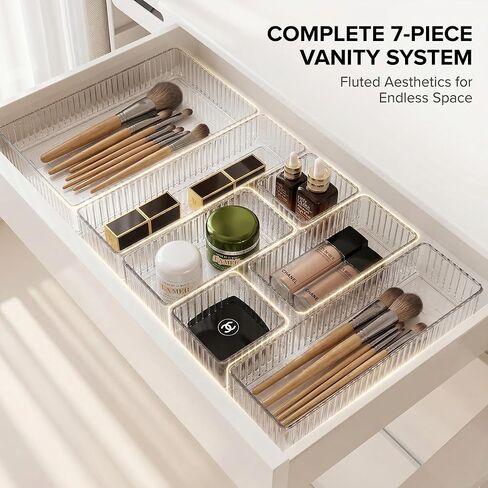 Li&Zhao 7PCS Stackable Bathroom Drawer Organizer-Clear Acrylic Drawer Organizer and Makeup Drawer Organizer with 4 Sizes 7 Grids for Vanity, Kitchen, Office Supplies in Kuwait