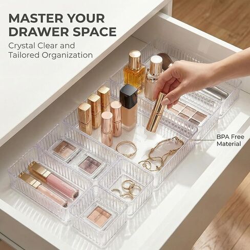 Li&Zhao 7PCS Stackable Bathroom Drawer Organizer-Clear Acrylic Drawer Organizer and Makeup Drawer Organizer with 4 Sizes 7 Grids for Vanity, Kitchen, Office Supplies in Kuwait