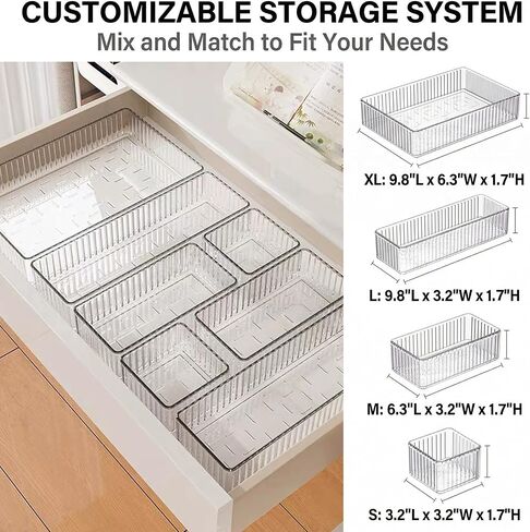 Li&Zhao 7PCS Stackable Bathroom Drawer Organizer-Clear Acrylic Drawer Organizer and Makeup Drawer Organizer with 4 Sizes 7 Grids for Vanity, Kitchen, Office Supplies in Kuwait