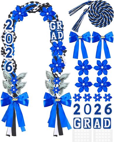 21Pcs Graduation Lei 2026 50 Inch Graduation Leis Class of 2026 Double Braided Money Lei with Satin Ribbon Flowers Party Gifts for Women Men（Blue & Black & White） in Saudi Arabia