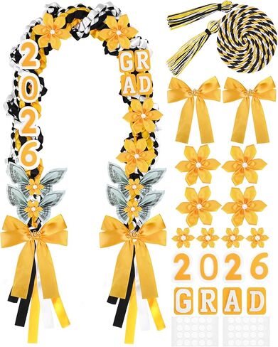 21Pcs Graduation Lei 2026 50 Inch Graduation Leis Class of 2026 Double Braided Money Lei with Satin Ribbon Flowers Party Gifts for Women Men（Blue & Black & White） in Saudi Arabia