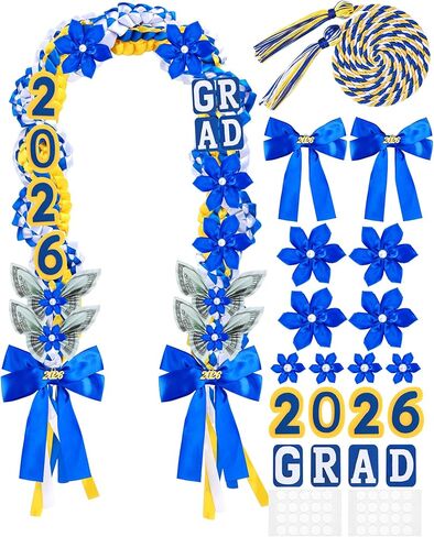 21Pcs Graduation Lei 2026 50 Inch Graduation Leis Class of 2026 Double Braided Money Lei with Satin Ribbon Flowers Party Gifts for Women Men（Blue & Black & White） in Saudi Arabia