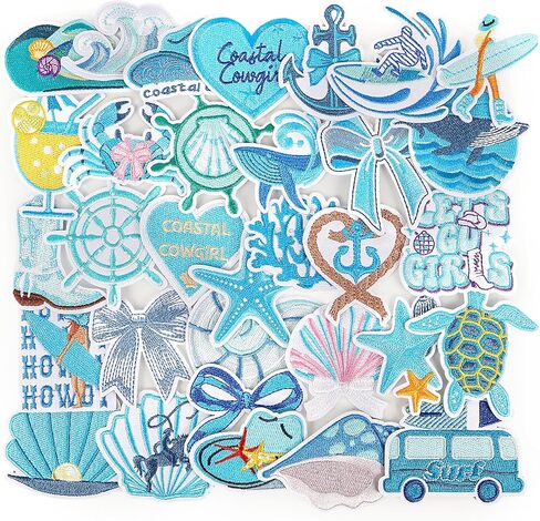 NICEVINYL Iron on Patches for Coastal Cowgirl - 32Pcs Summer Embroidered Patches Applique for DIY Craft - Cute Sea Beach Repair Patch Bulk for Clothing Jeans Backpacks Bags Trucker Hats in Saudi Arabia