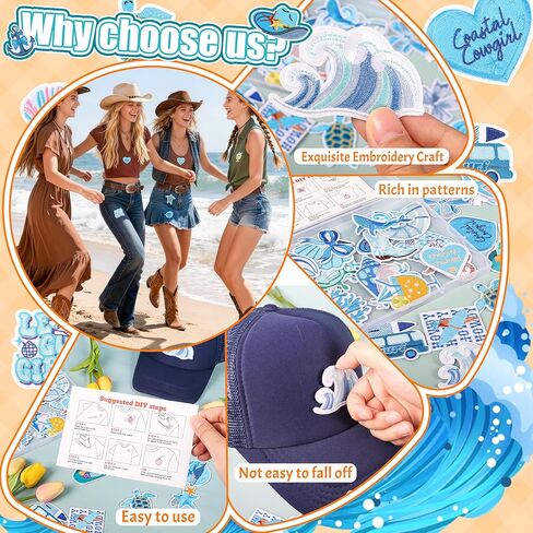 NICEVINYL Iron on Patches for Coastal Cowgirl - 32Pcs Summer Embroidered Patches Applique for DIY Craft - Cute Sea Beach Repair Patch Bulk for Clothing Jeans Backpacks Bags Trucker Hats in Saudi Arabia
