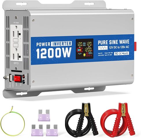1200W Pure Sine Wave Power Inverter 12V DC to 120V AC Converter 2400 Watt Peak Power Multi-Display Screen with 2 GFCI Outlet 30W USB and 18W Type-C for Car RV Truck Boat Off-Grid, Gray Blue in Saudi Arabia