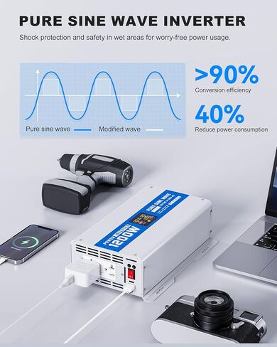 1200W Pure Sine Wave Power Inverter 12V DC to 120V AC Converter 2400 Watt Peak Power Multi-Display Screen with 2 GFCI Outlet 30W USB and 18W Type-C for Car RV Truck Boat Off-Grid, Gray Blue in Saudi Arabia