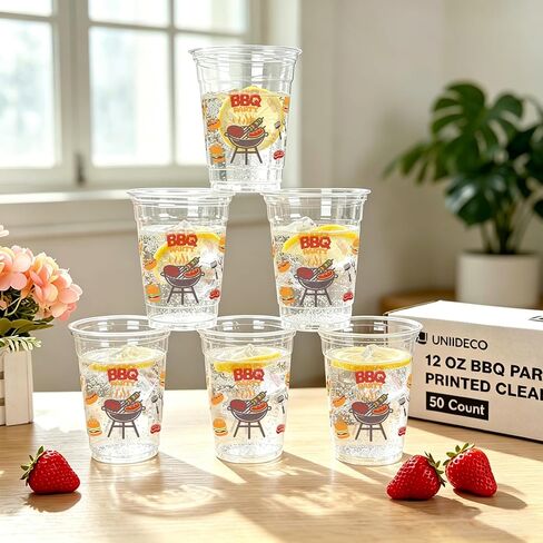 50PCS BBQ Party Plastic Cups, 12OZ BBQ Disposable Cups for Baby Q Baby Shower Decorations Picnic Camping Cookout Summer Birthday Graduation Engagement Party in Saudi Arabia