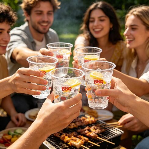 50PCS BBQ Party Plastic Cups, 12OZ BBQ Disposable Cups for Baby Q Baby Shower Decorations Picnic Camping Cookout Summer Birthday Graduation Engagement Party in Saudi Arabia