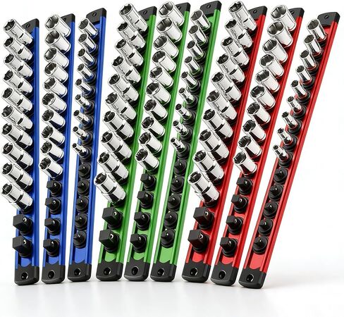 Magnetic Socket Organizer Set, 9-Piece Detachable Magnetic Socket Holder for 1/4, 3/8, 1/2 Sockets, 120-Slot Aluminum Socket Organizer Magnetic for Toolbox Drawer, Garage & Mechanics (Red/Blue/Green) in Saudi Arabia