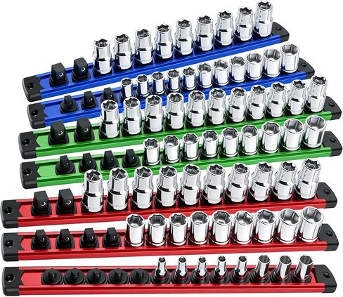 Magnetic Socket Organizer Set, 9-Piece Detachable Magnetic Socket Holder for 1/4, 3/8, 1/2 Sockets, 120-Slot Aluminum Socket Organizer Magnetic for Toolbox Drawer, Garage & Mechanics (Red/Blue/Green) in Saudi Arabia