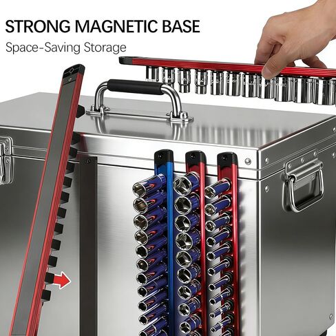 Magnetic Socket Organizer Set, 9-Piece Detachable Magnetic Socket Holder for 1/4, 3/8, 1/2 Sockets, 120-Slot Aluminum Socket Organizer Magnetic for Toolbox Drawer, Garage & Mechanics (Red/Blue/Green) in Saudi Arabia