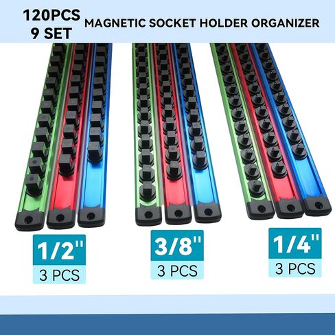 Magnetic Socket Organizer Set, 9-Piece Detachable Magnetic Socket Holder for 1/4, 3/8, 1/2 Sockets, 120-Slot Aluminum Socket Organizer Magnetic for Toolbox Drawer, Garage & Mechanics (Red/Blue/Green) in Saudi Arabia