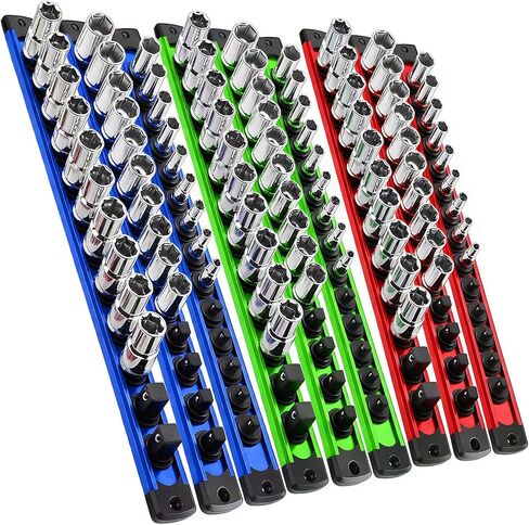Magnetic Socket Organizer Set, 9-Piece Detachable Magnetic Socket Holder for 1/4, 3/8, 1/2 Sockets, 120-Slot Aluminum Socket Organizer Magnetic for Toolbox Drawer, Garage & Mechanics (Red/Blue/Green) in Saudi Arabia