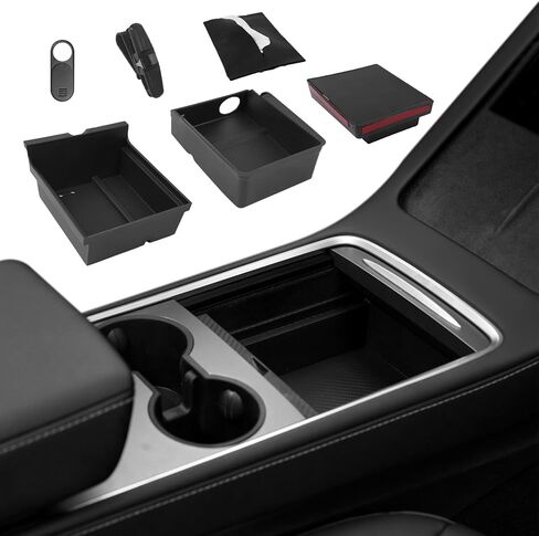 Center Console Organizer Tray for Model Y Juniper 2025 2026 & Model 3 Highland (2024-2026), Double-Layer Sliding Hidden Armrest Storage Box, Tesla Accessories (Matte Black) in Saudi Arabia