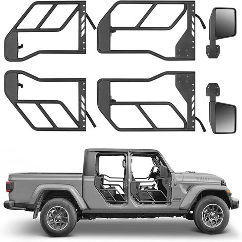 أبواب أنبوبية مع مرآة رؤية جانبية لعام 2018+ Jeep Wrangler JL JLU & Gladiator JT، 4 أبواب، مجموعة من 4 قطع، نظام مزلاج سريع التحرير، طلاء كهربائي مضاد للصدأ، مغامرة على الطرق الوعرة in Kuwait